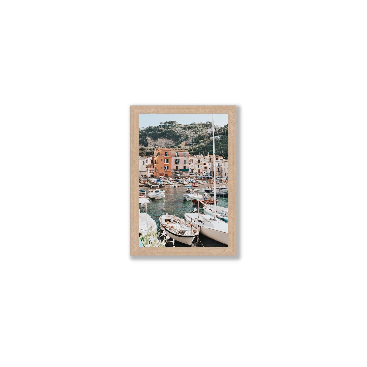 Marina Grande Sorrento coastal Italian wall art Small full-bleed fine art print in natural oak frame