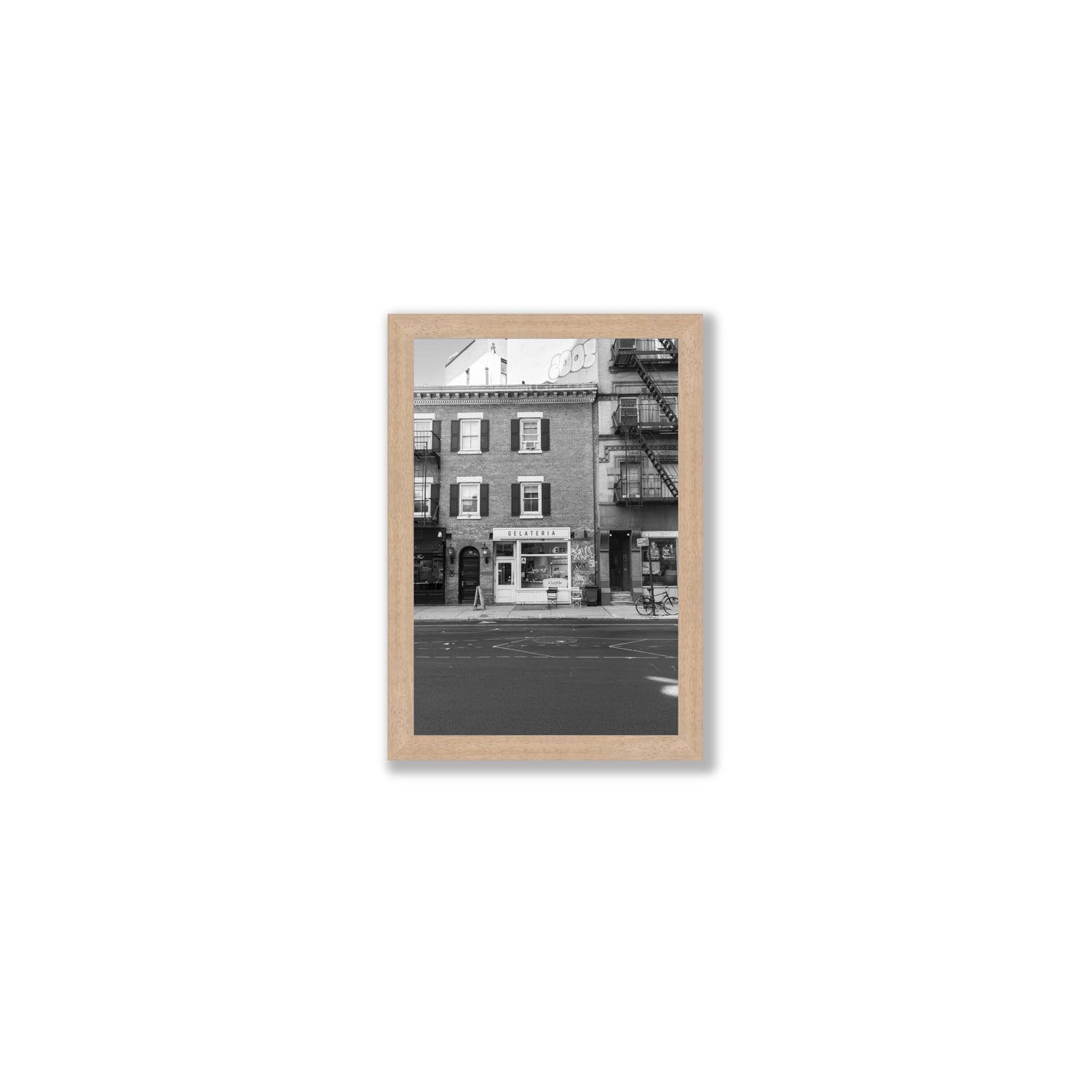 Gelateria New York NYC Black & White wall art Small full-bleed fine art print in natural oak frame