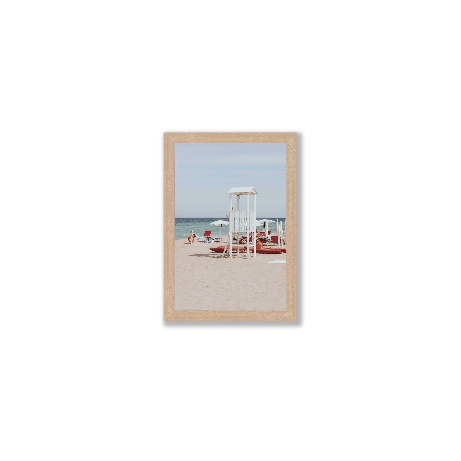 Barefoot Bliss Puglia beach Italian coastal decor wall art Small full-bleed fine art print in natural oak frame