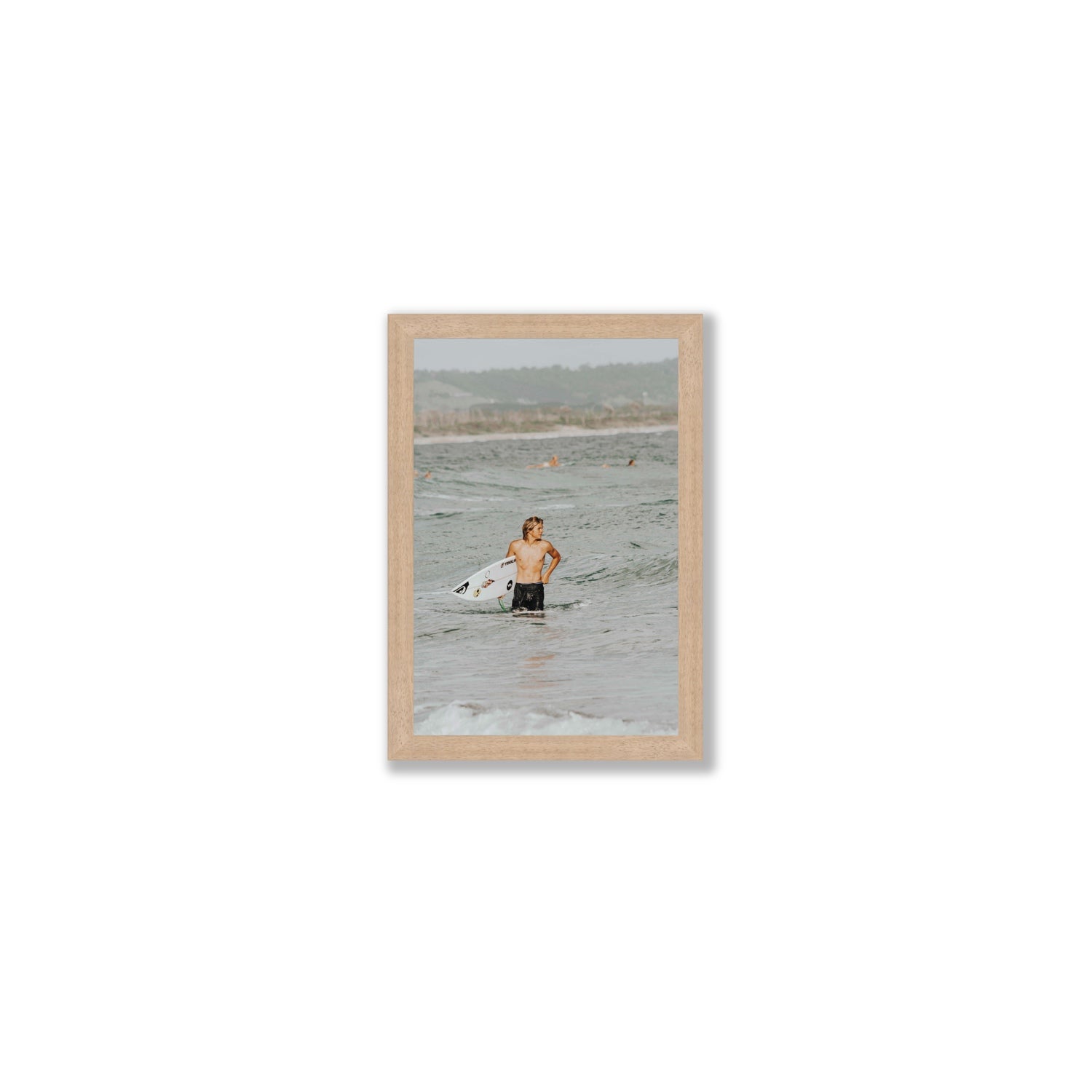 Chasing Mavericks Byron Bay Surf coastal wall art Small full-bleed fine art print in natural oak frame
