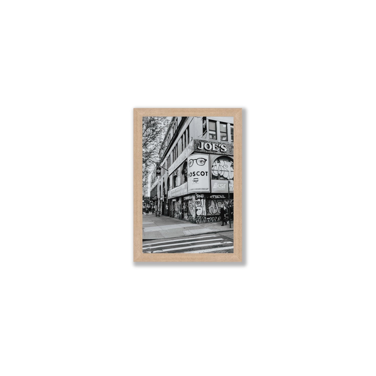Lower East Side Murals New York NYC Black & White wall art Small full-bleed fine art print in natural oak frame