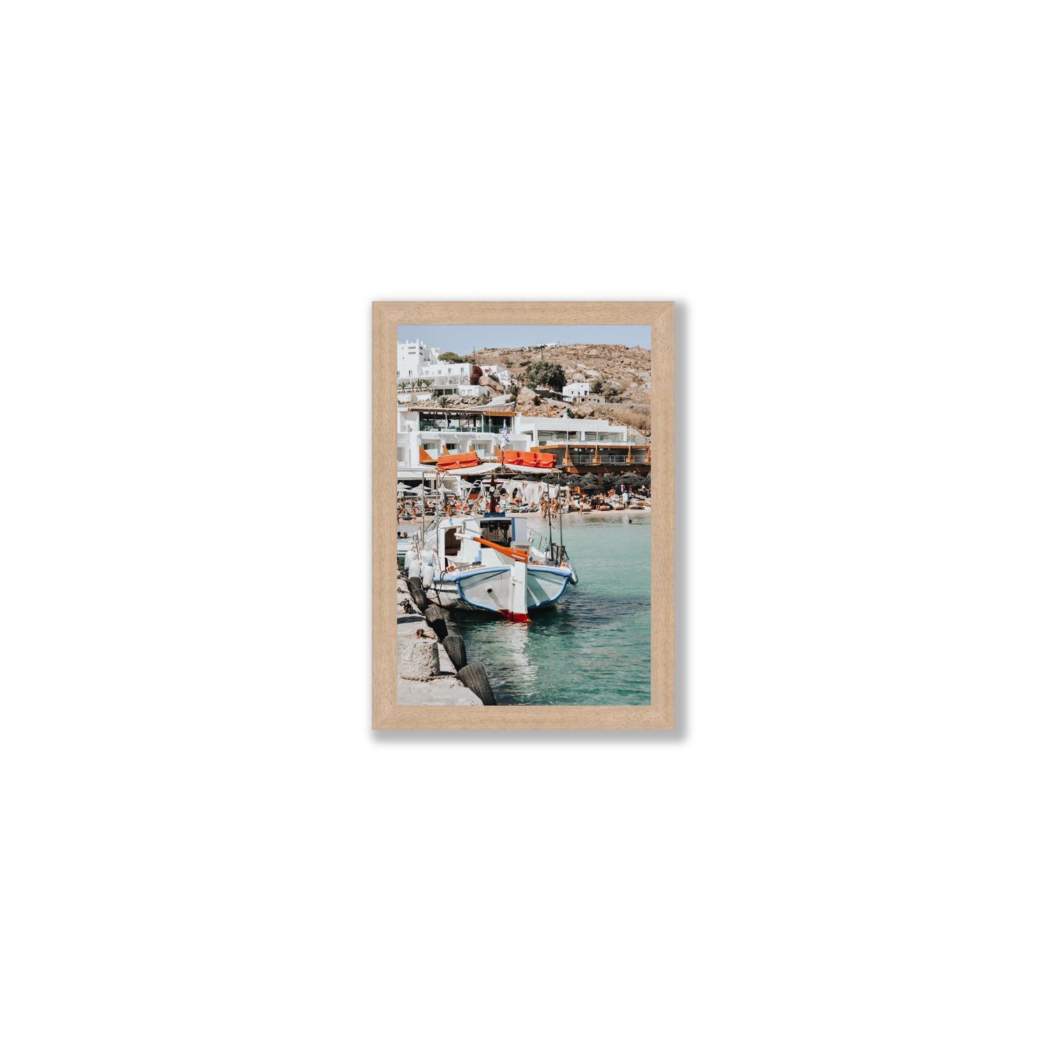 Travel In Style Mykonos Greek island wall art Small full-bleed fine art print in natural oak frame