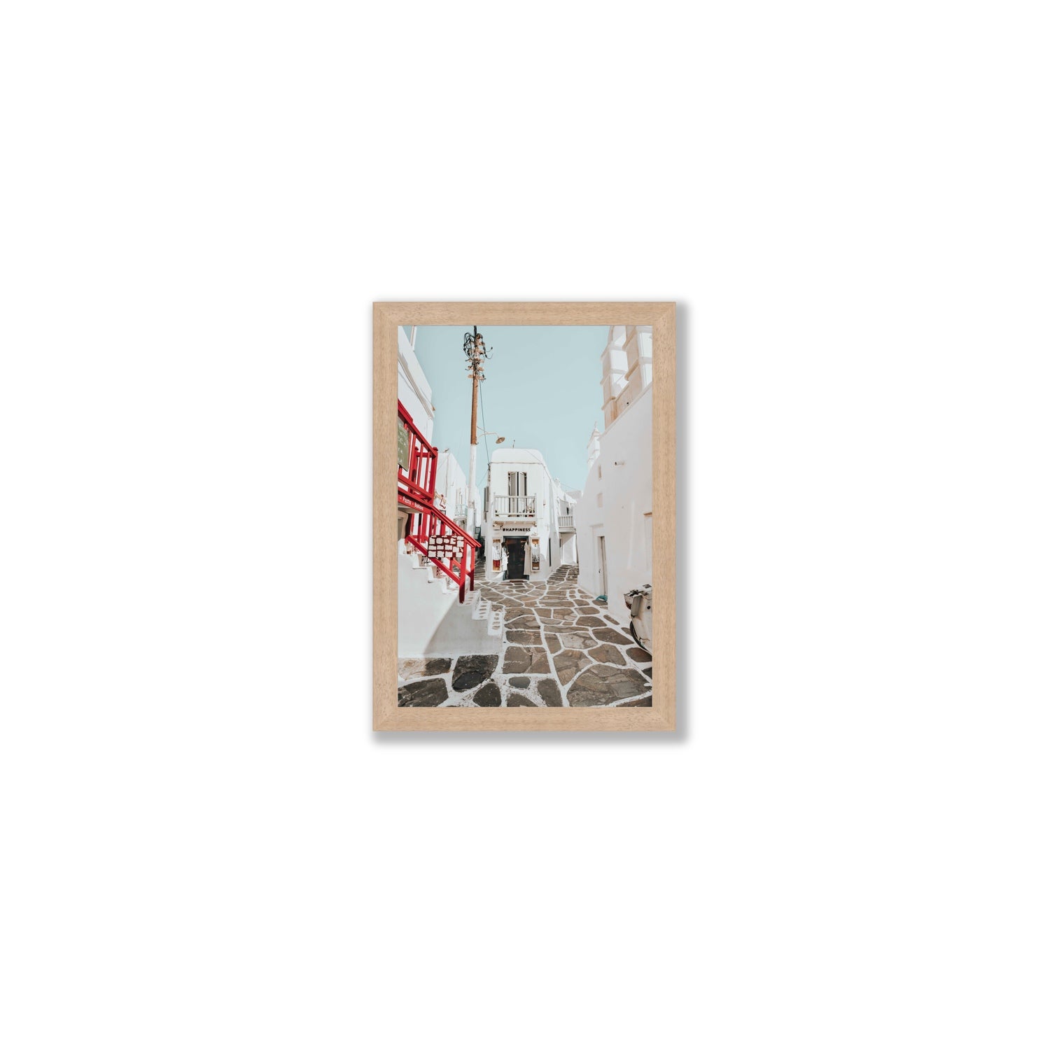 Happiness Mykonos Greek island wall art Small full-bleed fine art print in natural oak frame