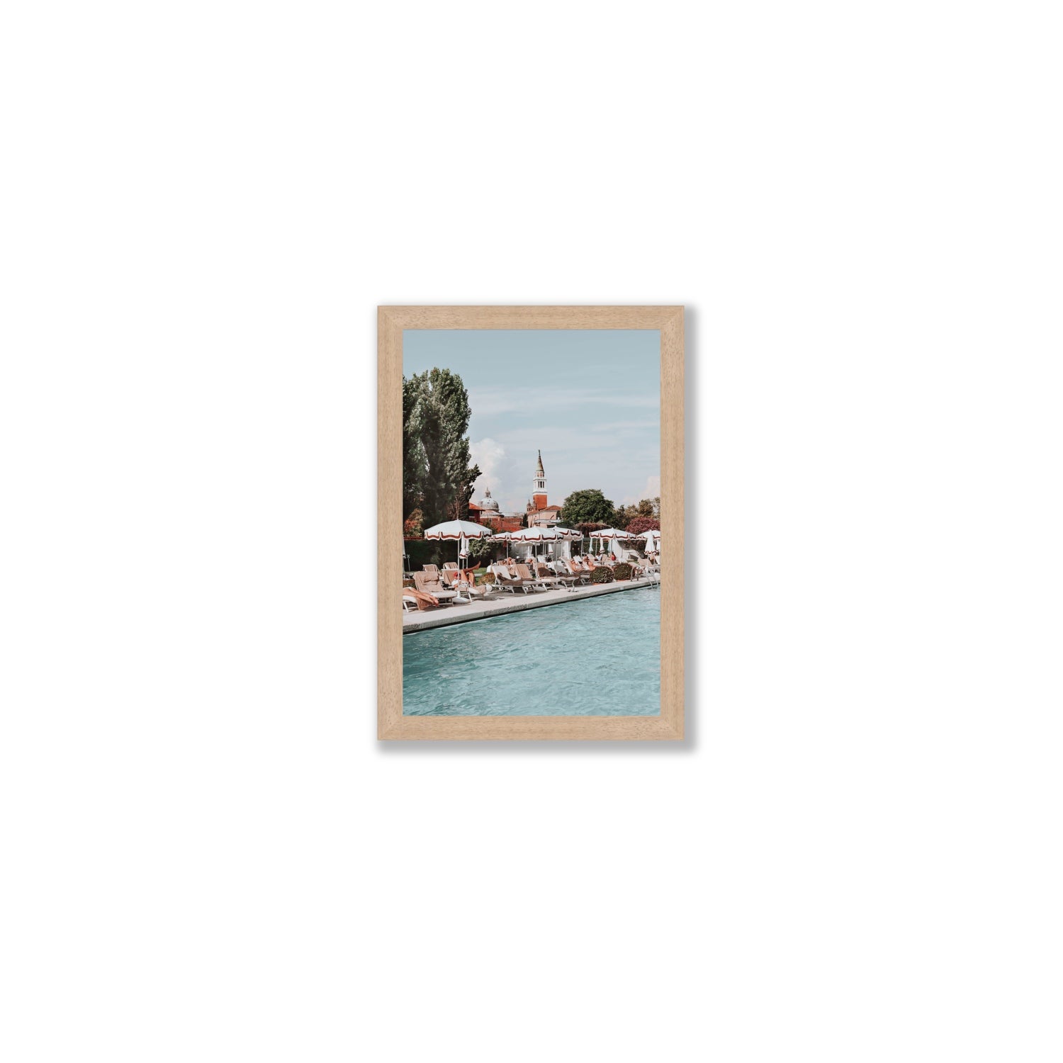 Poolside Perch Venice Italian wall art Small full-bleed fine art print in natural oak frame