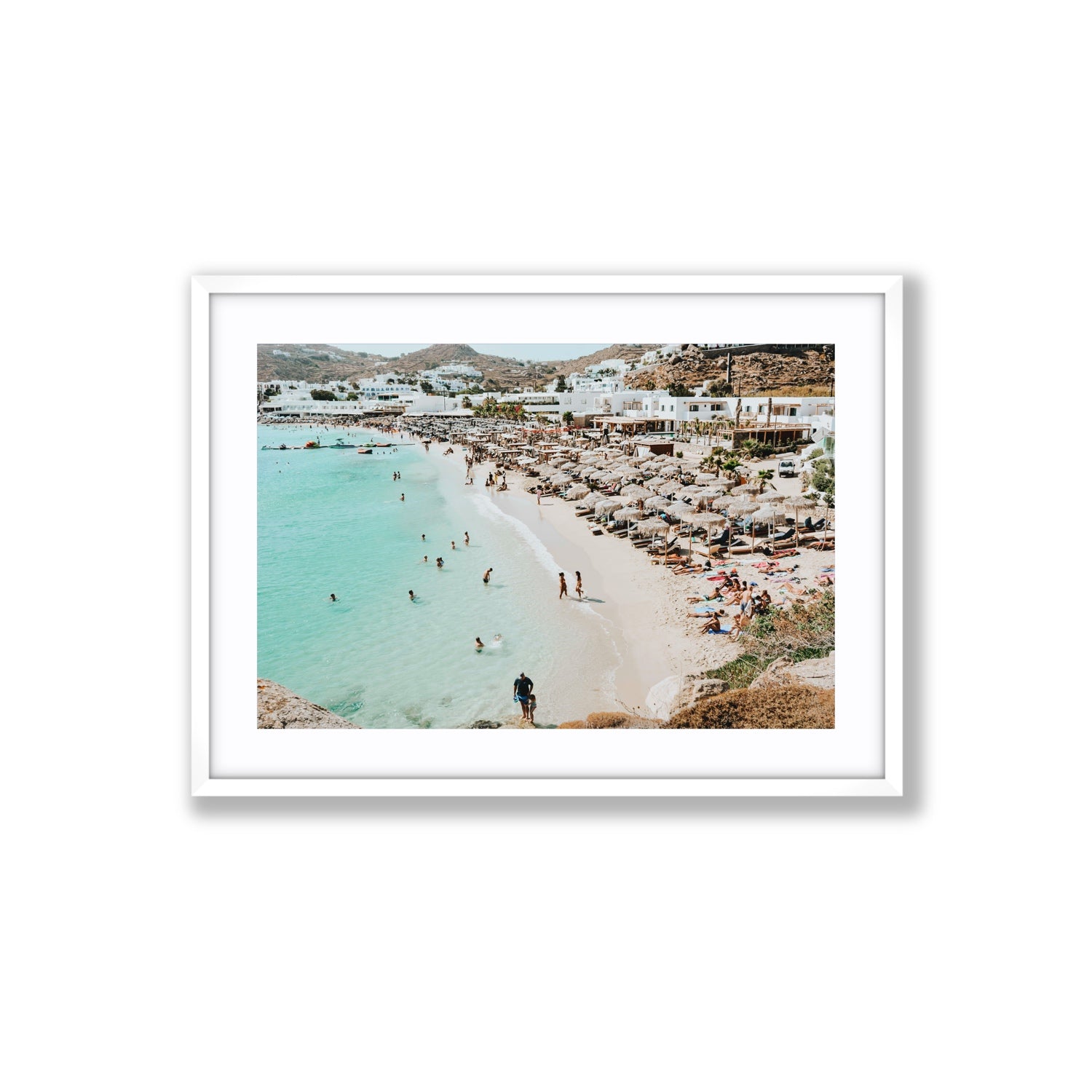 Aquaholic Mykonos Greek island wall art Large fine art print in white frame with matboard