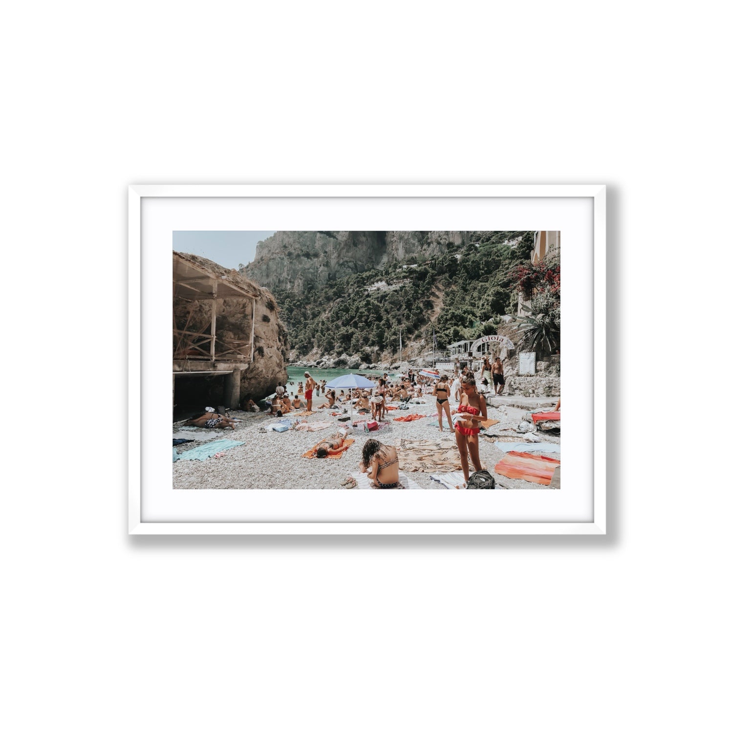 Spiaggia Da Gioia Capri beach coastal wall art Large fine art print in white frame with matboard