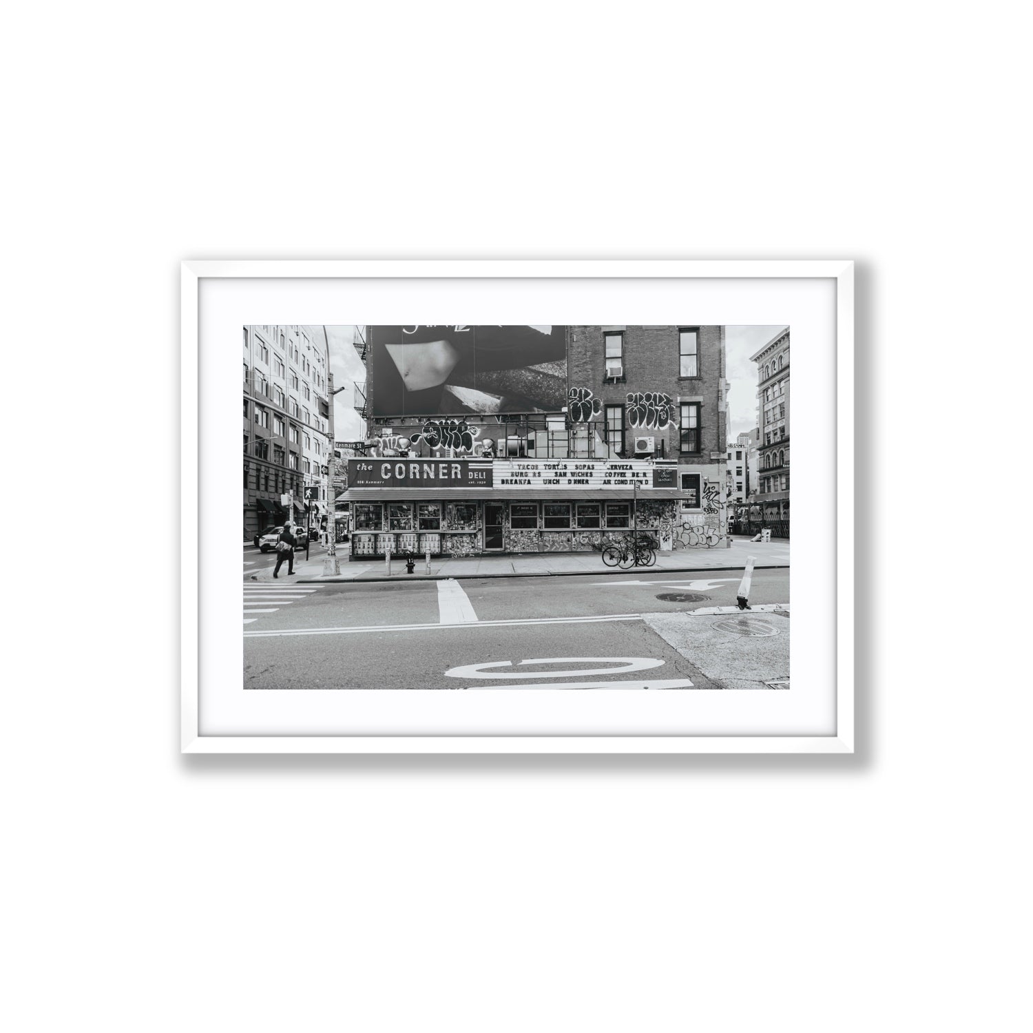 Kenmare Street New York NYC Black & White wall art Large fine art print in white frame with matboard