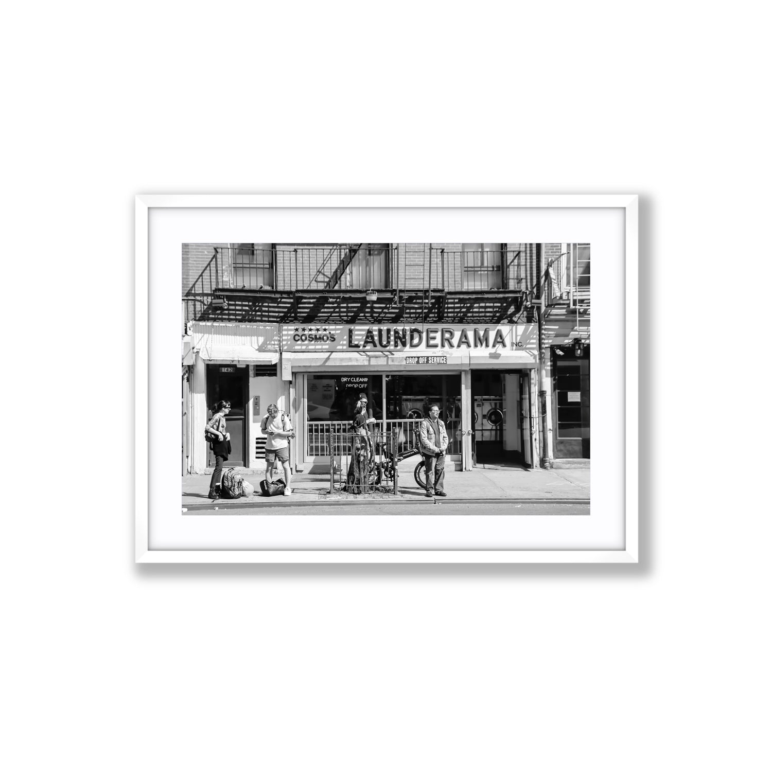 Launderama New York NYC Black & White wall art Large fine art print in white frame with matboard