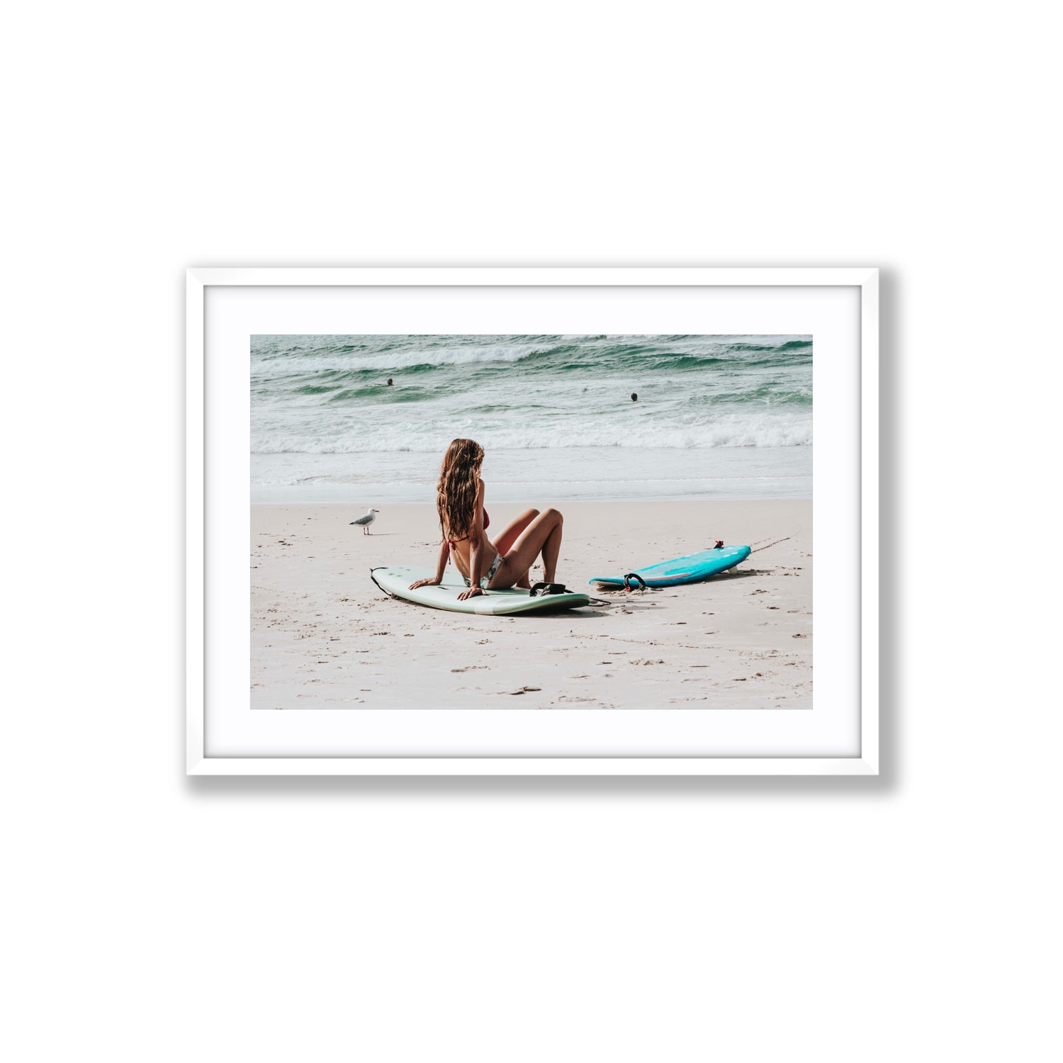 Ciao Bella Byron Bay Surf coastal wall art Large fine art print in white frame with matboard