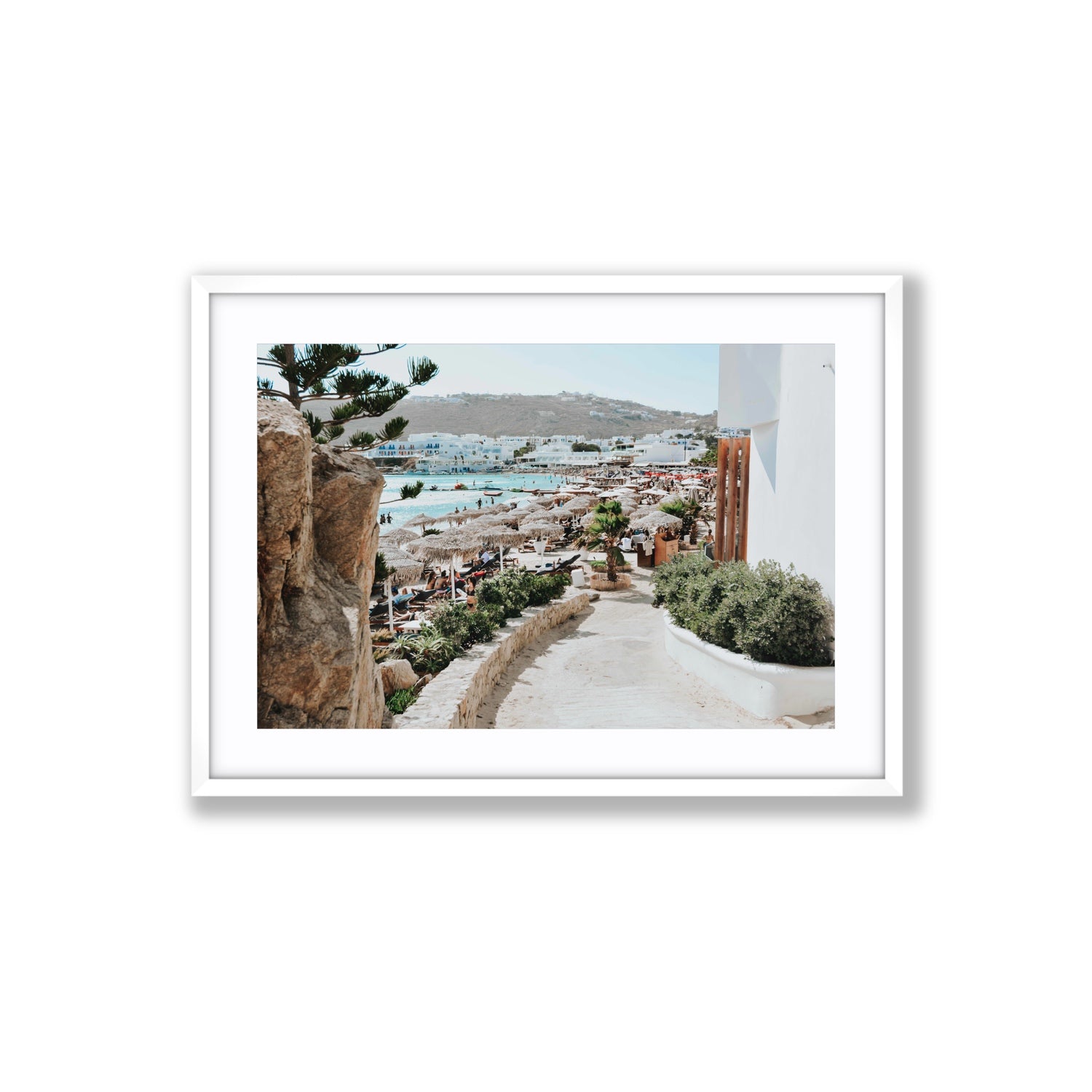 Kalimera Mykonos Greek island wall art Large fine art print in white frame with matboard