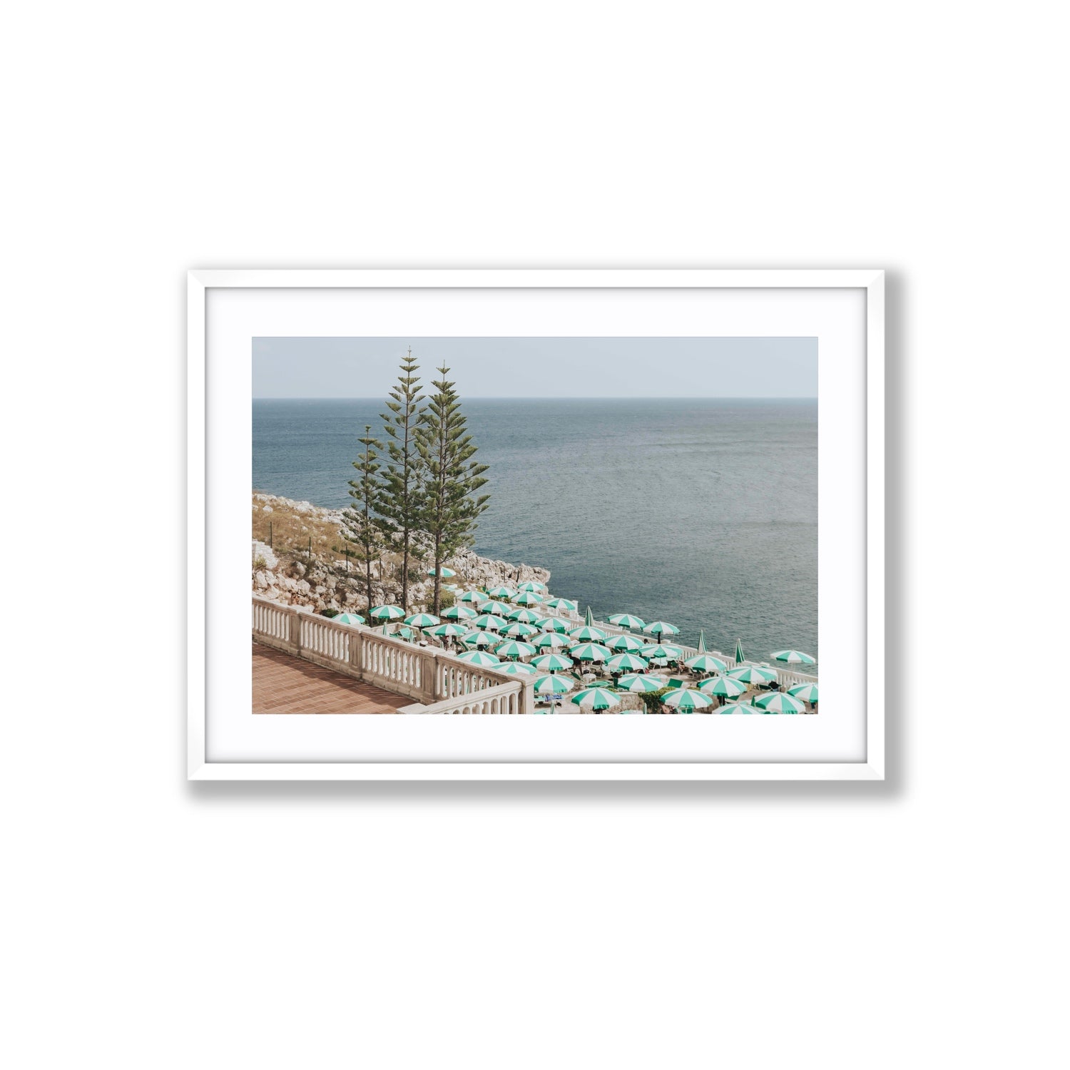 Azure Horizon Puglia beach coastal wall art Large fine art print in white frame with matboard