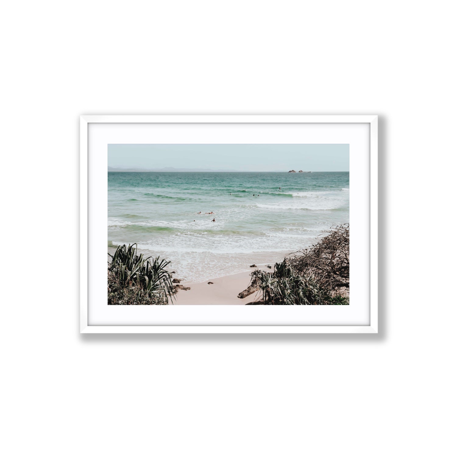 Surf City Byron Bay Surf coastal wall art Large fine art print in white frame with matboard