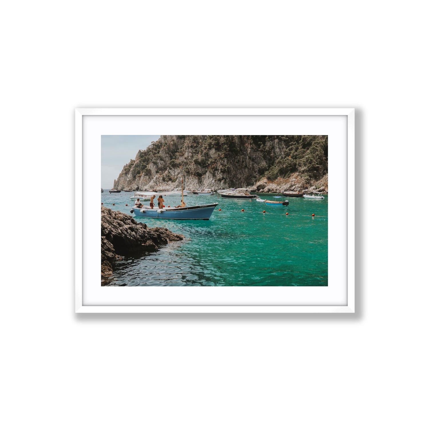 Cozy Cove Capri coastal Mediterranean wall art Large fine art print in white frame with matboard