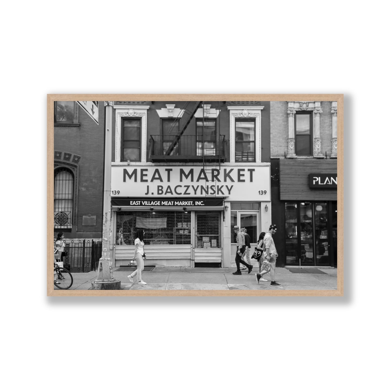 Meat District New York NYC Black & White wall art Gallery full-bleed fine art print in natural oak frame