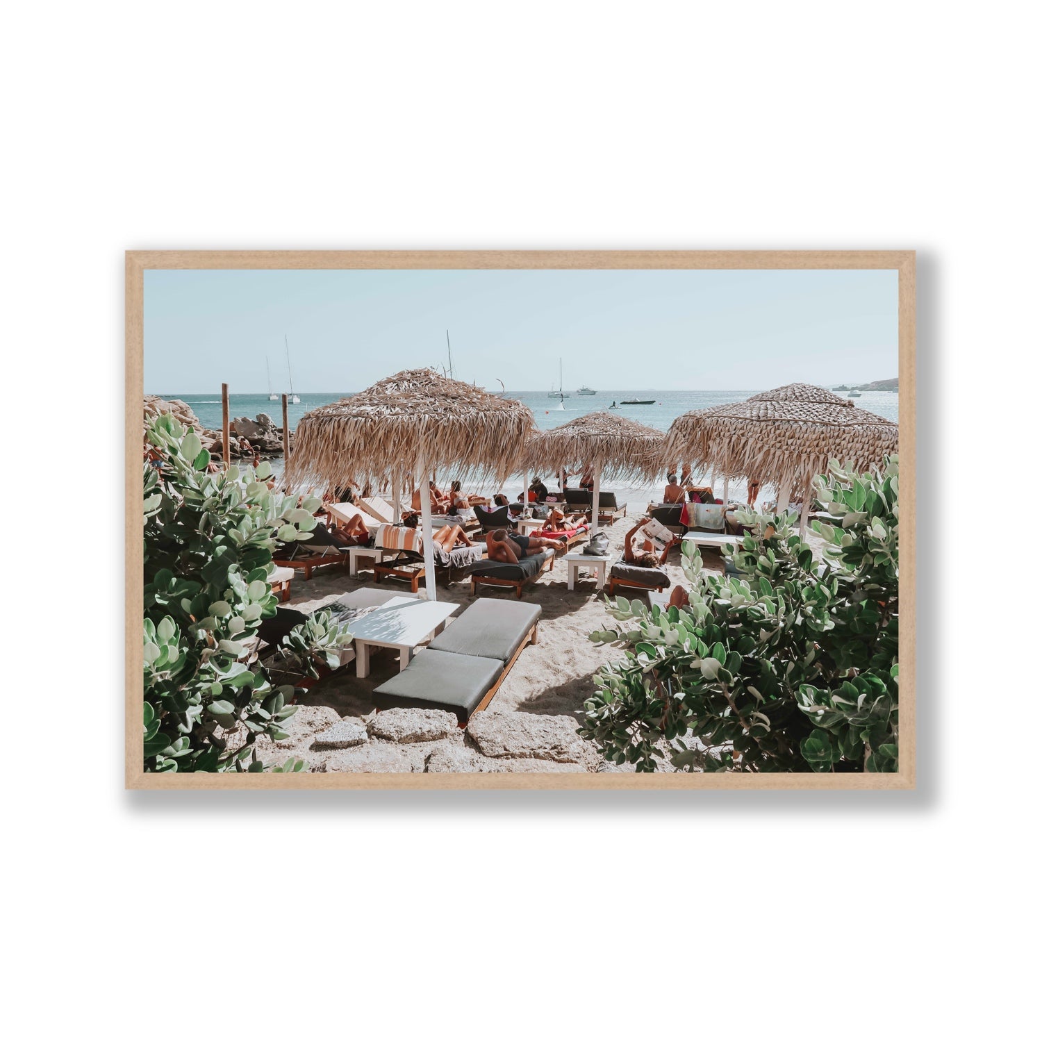 Greek Haven Mykonos Greek island coastal wall art Gallery full-bleed fine art print in natural oak frame