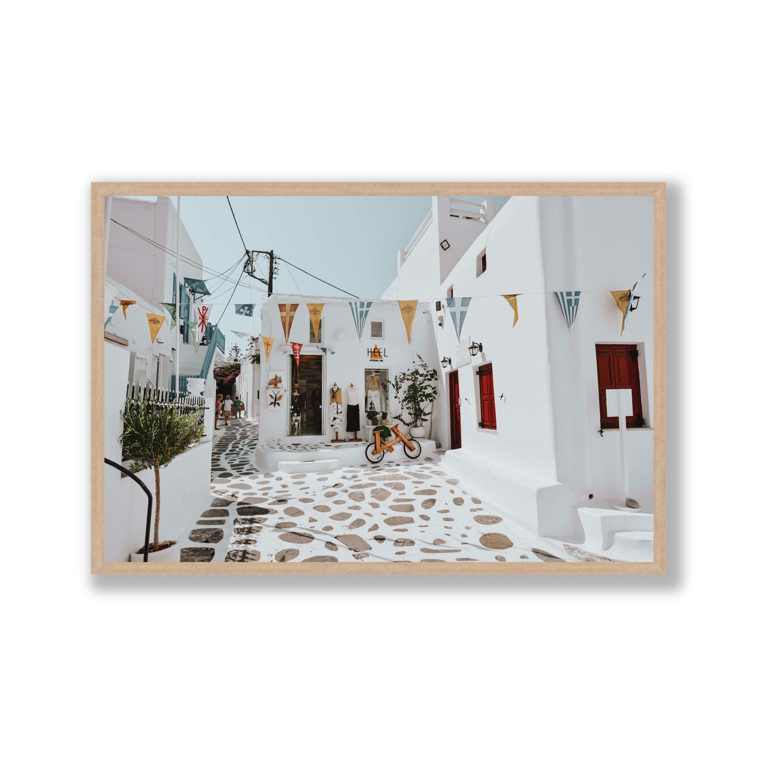Cruising The Streets Mykonos Greek island wall art Gallery full-bleed fine art print in natural oak frame