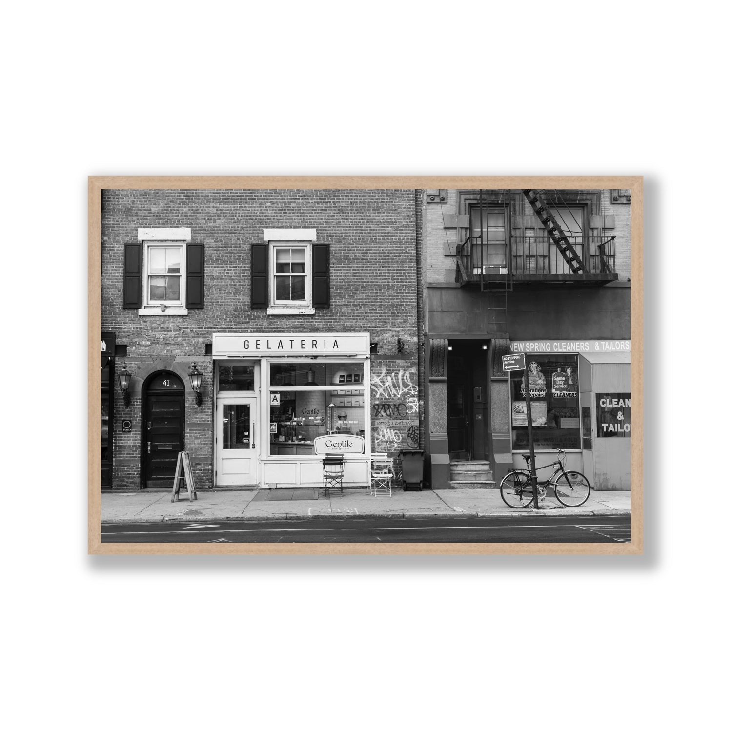 West Village Dolcezza New York NYC Black & White wall art Gallery full-bleed fine art print in natural oak frame