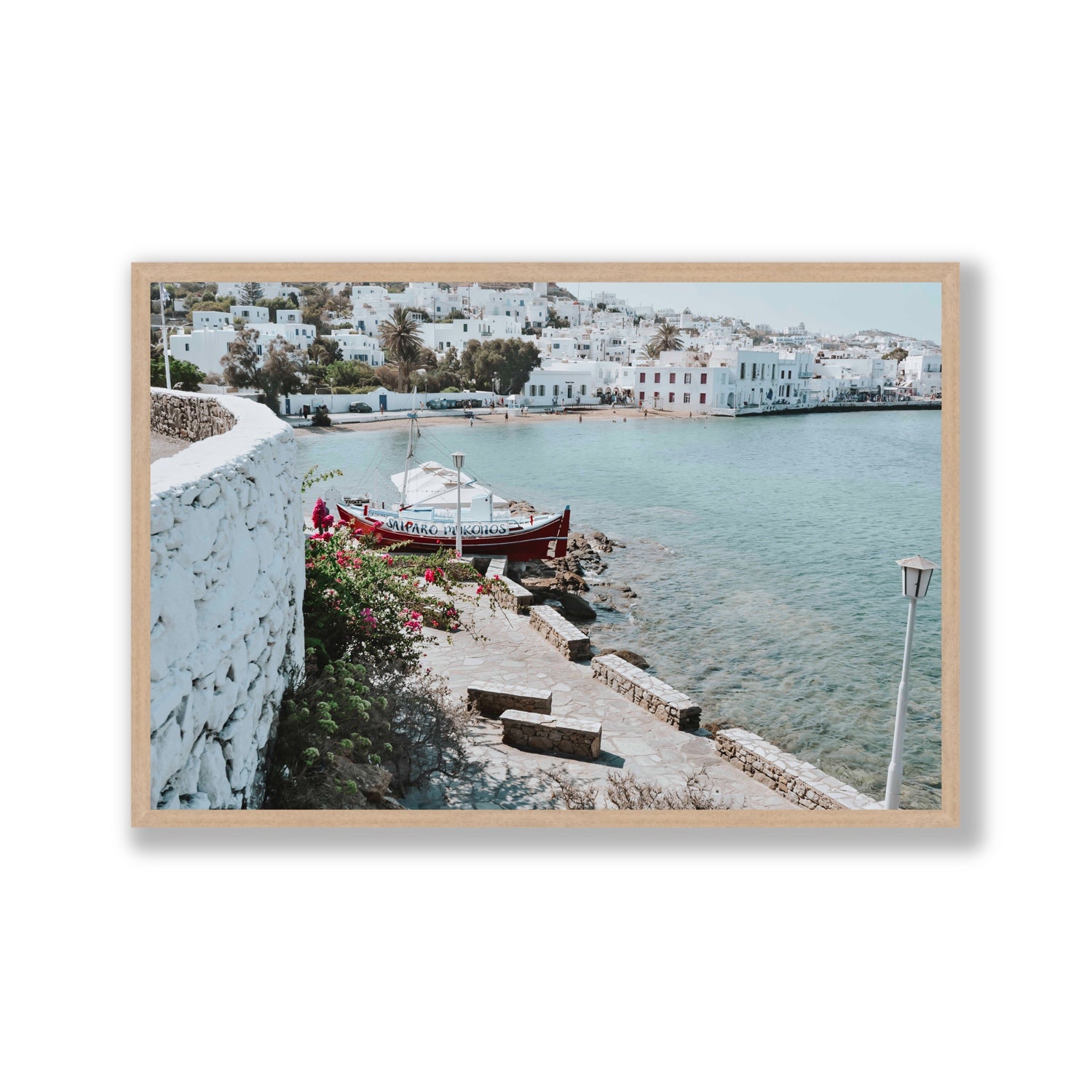 Harika Mykonos Greek island wall art Gallery full-bleed fine art print in natural oak frame