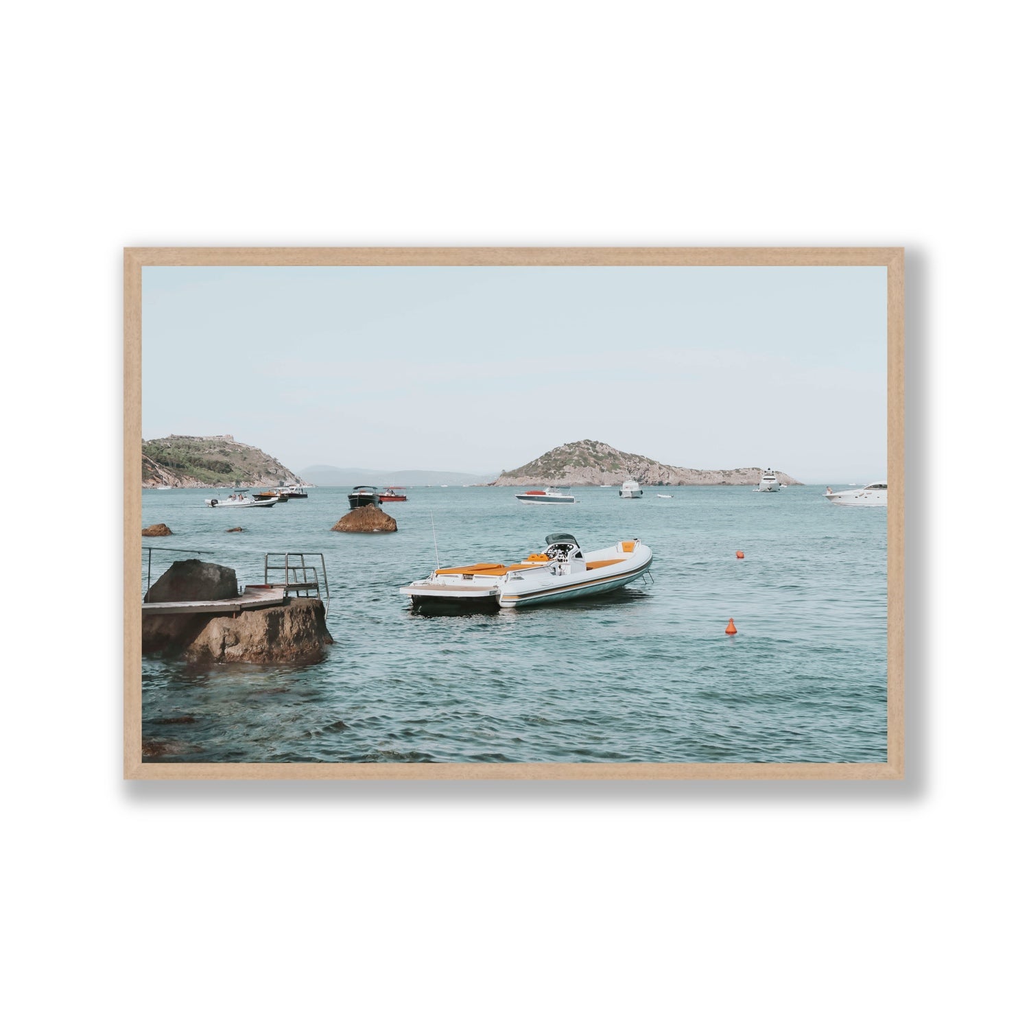 The Azure Sea Tuscany coastal Italian wall art Gallery full-bleed fine art print in natural oak frame