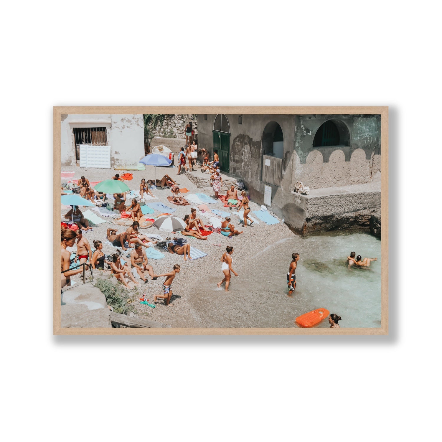 Heatwave Capri beach coastal wall art Gallery full-bleed fine art print in natural oak frame