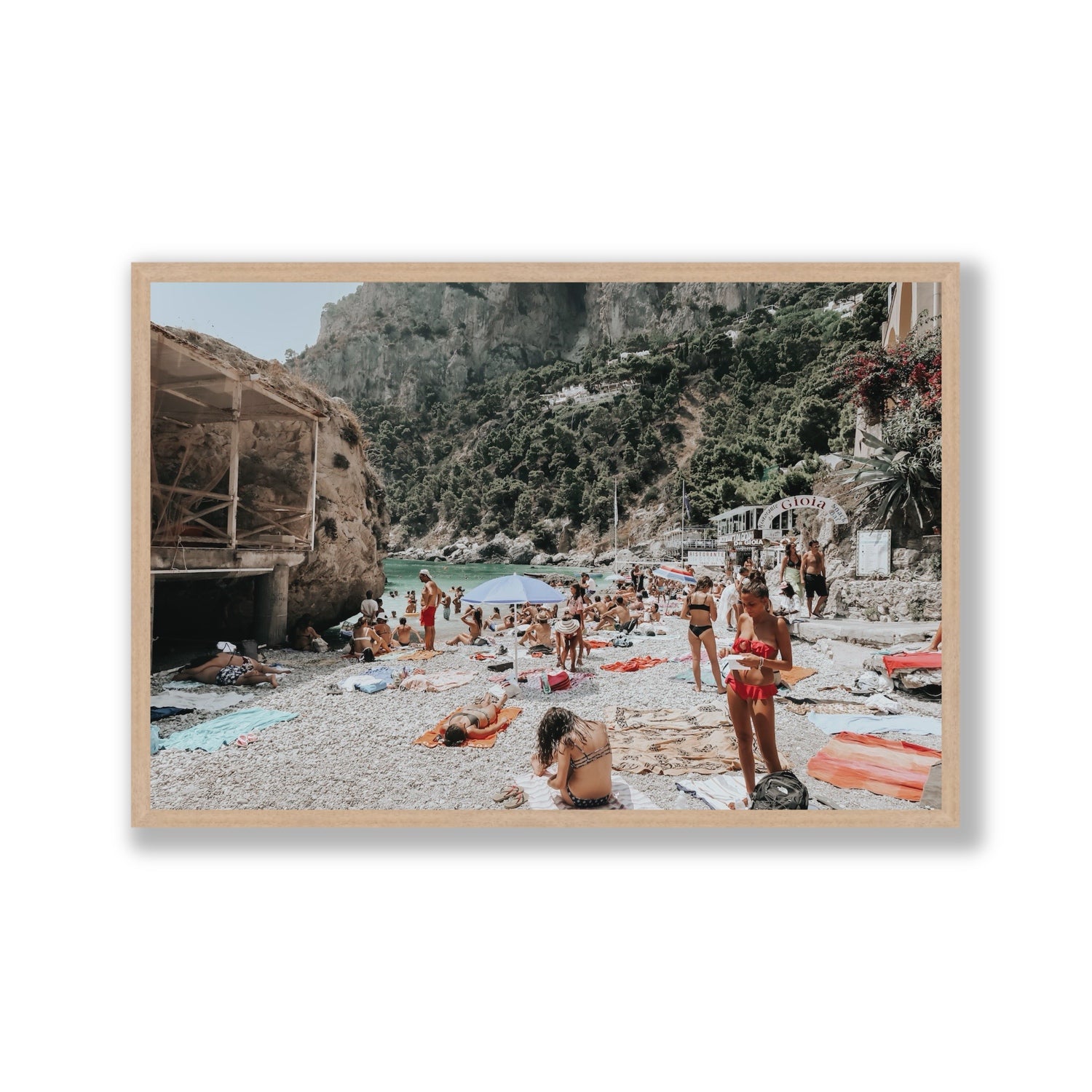 Spiaggia Da Gioia Capri beach coastal wall art Gallery full-bleed fine art print in natural oak frame