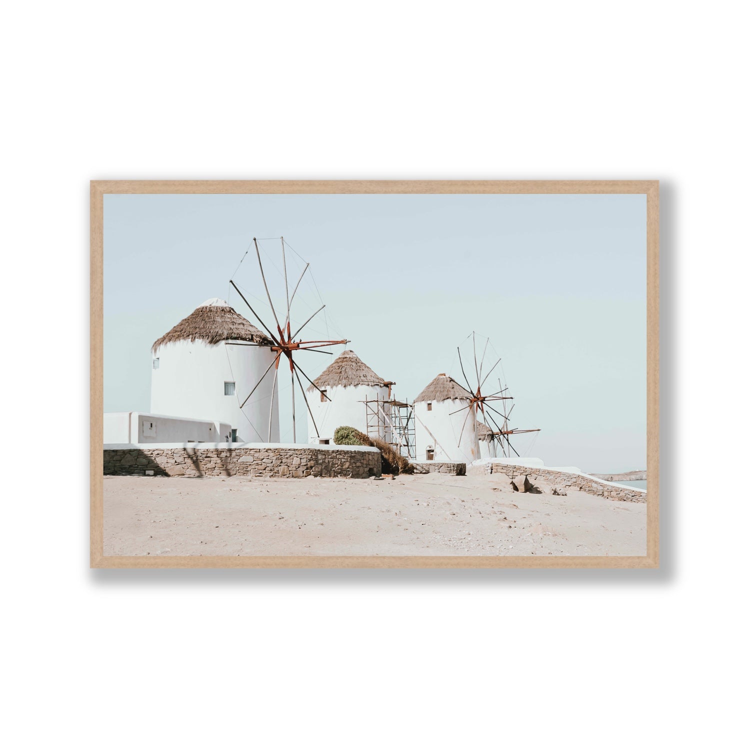 Rustic Icons Mykonos Greek island wall art Gallery full-bleed fine art print in natural oak frame