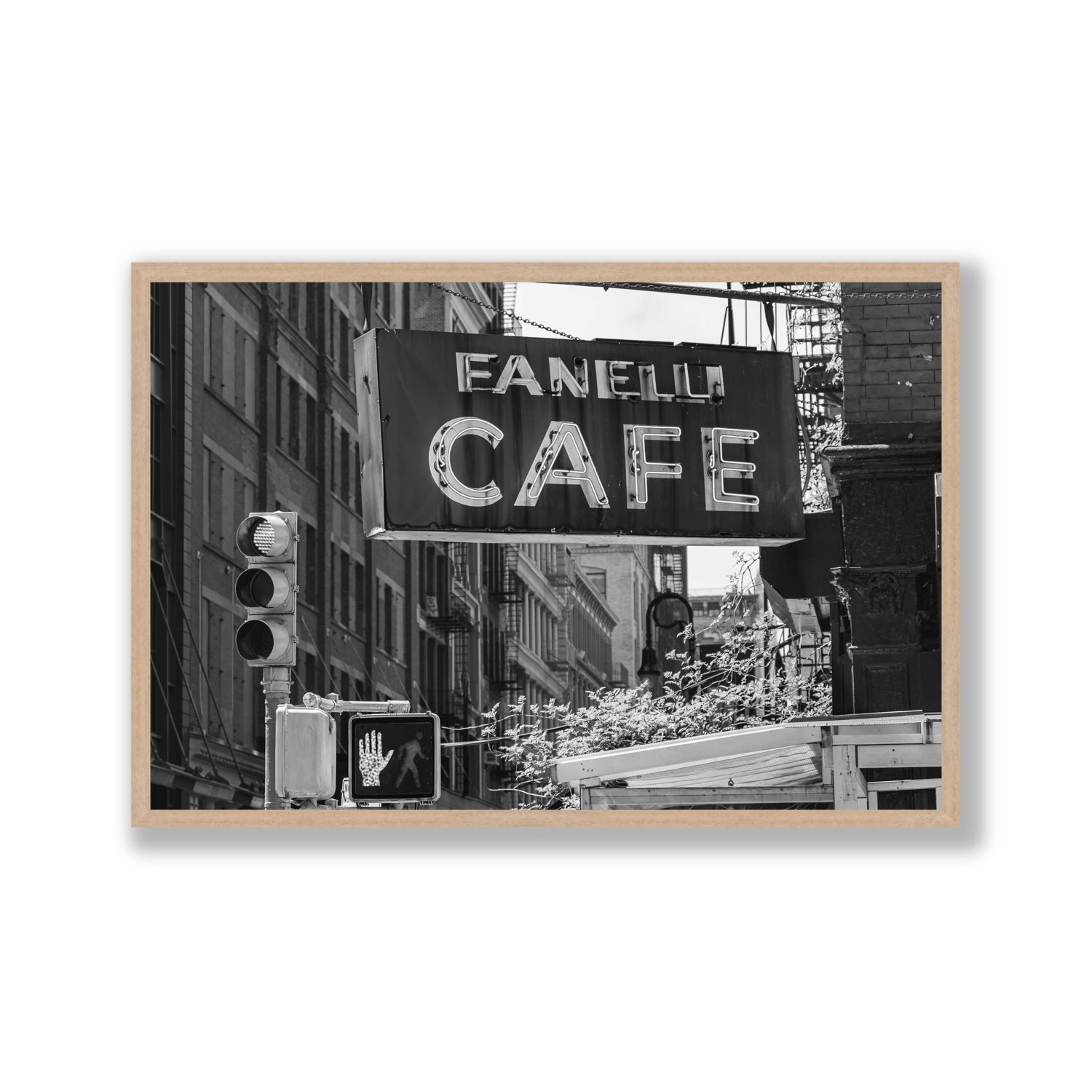 Soho Neon New York NYC Black & White wall art Gallery full-bleed fine art print in natural oak frame
