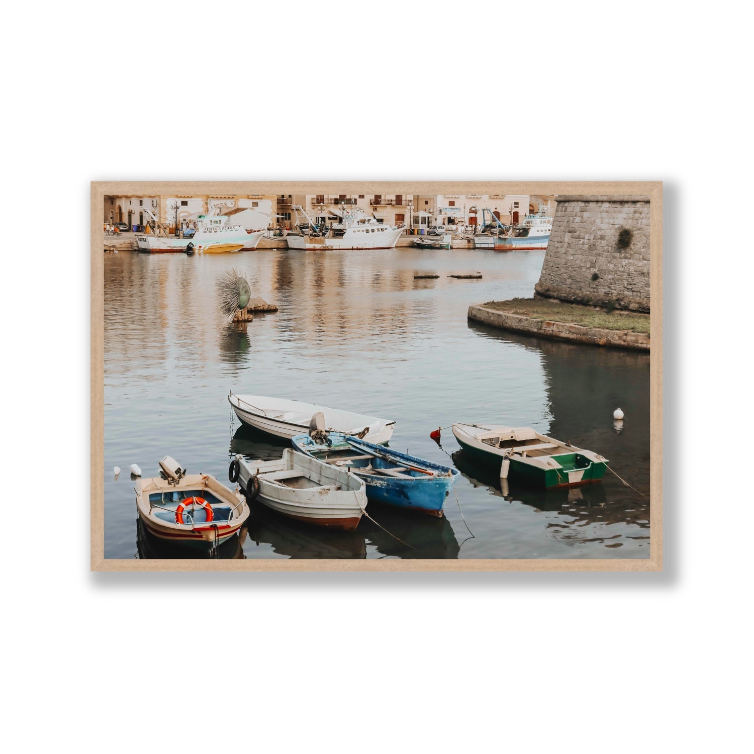 Cinque Barche Puglia Gallipoli Italian art print Gallery full-bleed fine art print in natural oak frame