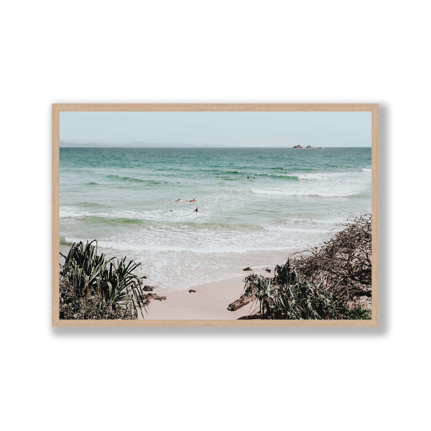 Surf City Byron Bay Surf coastal wall art Gallery full-bleed fine art print in natural oak frame