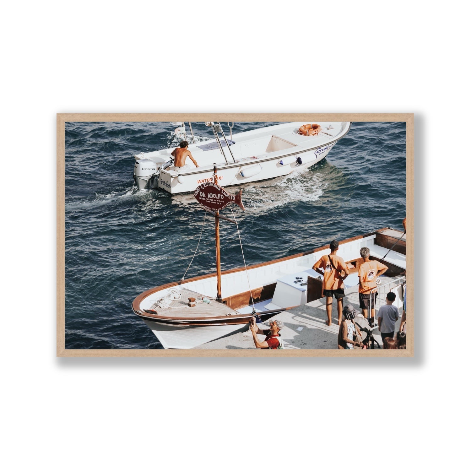 Water Taxi Positano wall art Gallery full-bleed fine art print in natural oak frame