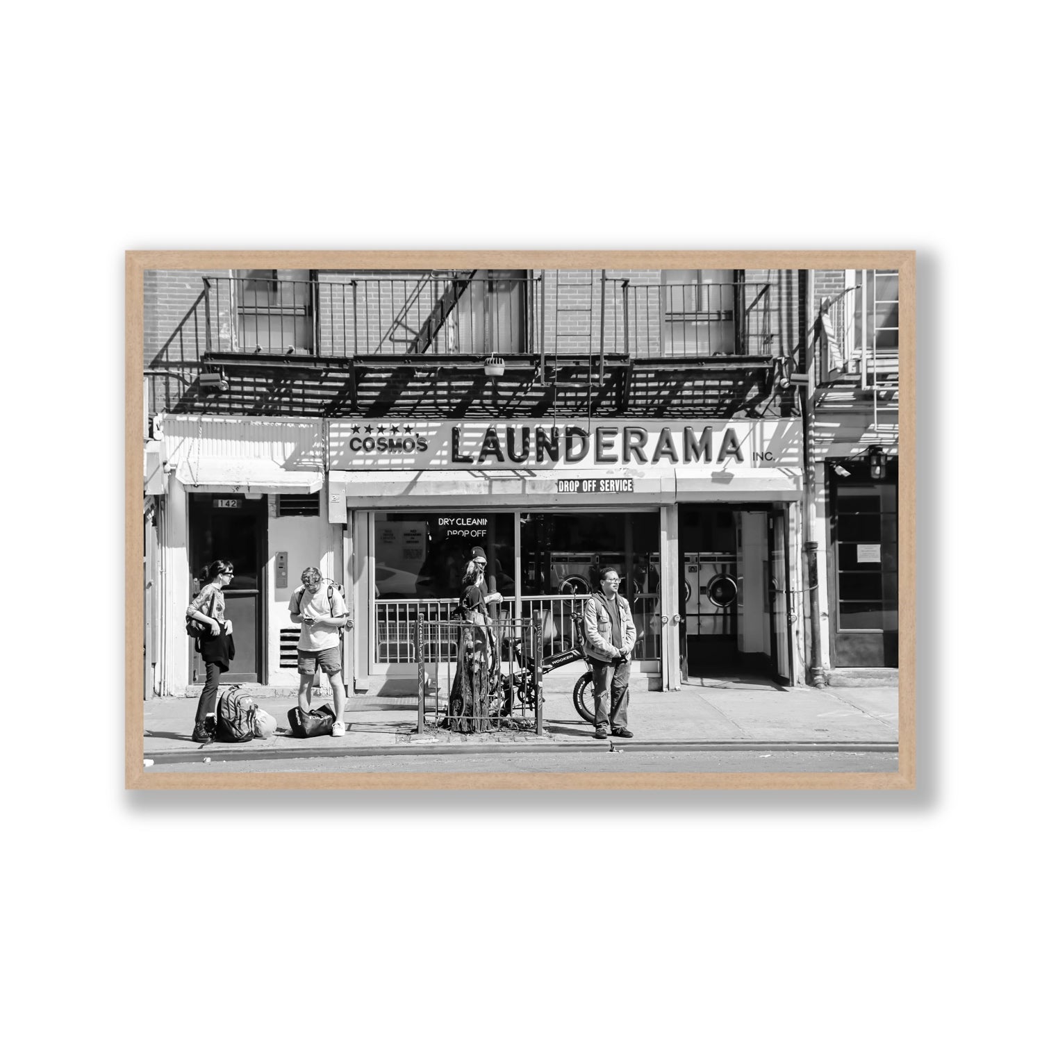 Launderama New York NYC Black & White wall art Gallery full-bleed fine art print in natural oak frame