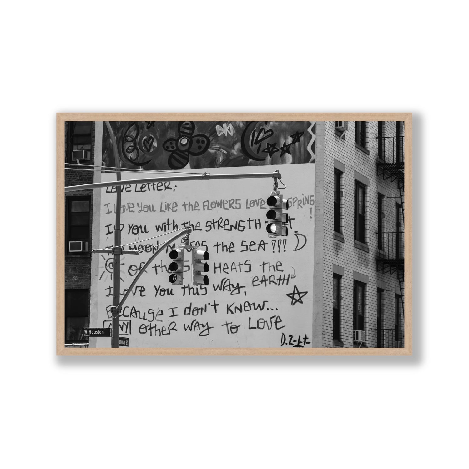 Love Letter New York NYC Black & White wall art Gallery full-bleed fine art print in natural oak frame