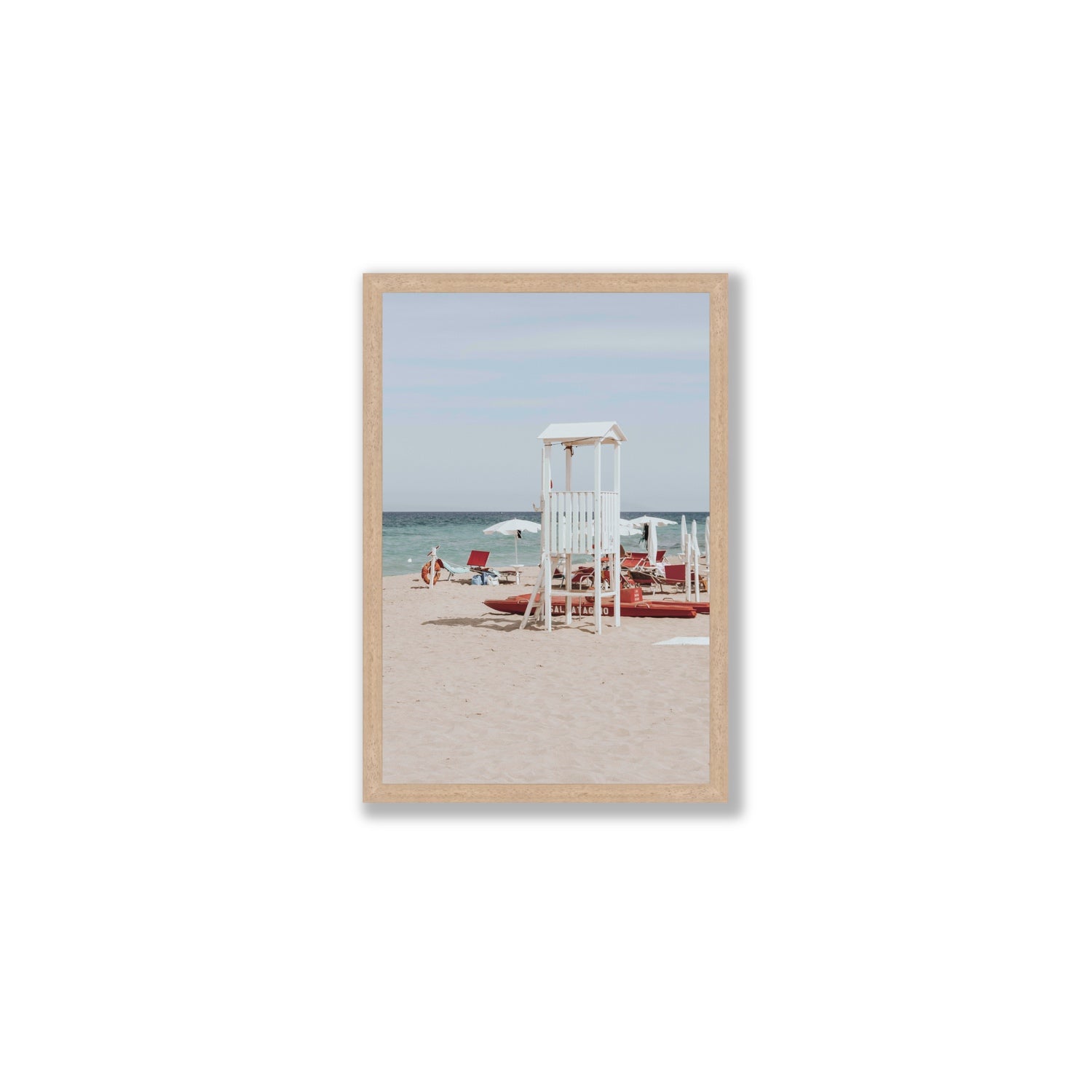Barefoot Bliss Puglia beach Italian coastal decor wall art Medium full-bleed fine art print in natural oak frame