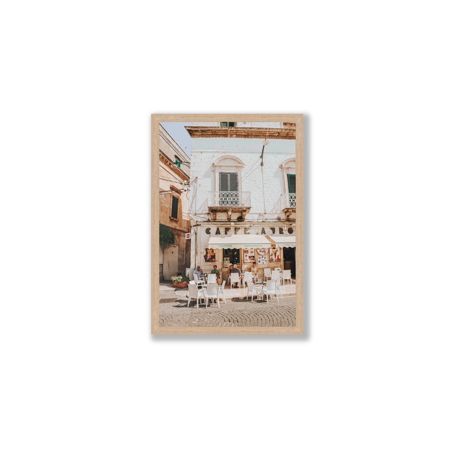 Cafe Ostuni Puglia Café Ostuni Italian wall art Medium full-bleed fine art print in natural oak frame
