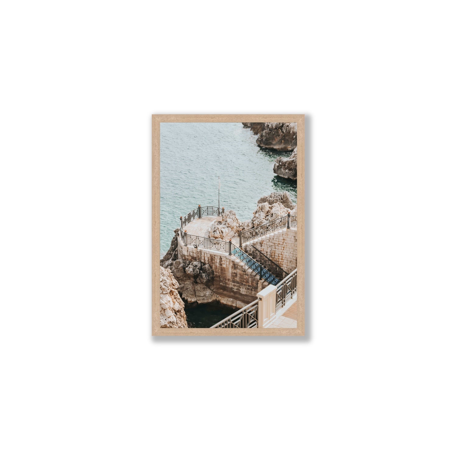 Tidal Staircase Puglia coastal Italian wall art Medium full-bleed fine art print in natural oak frame