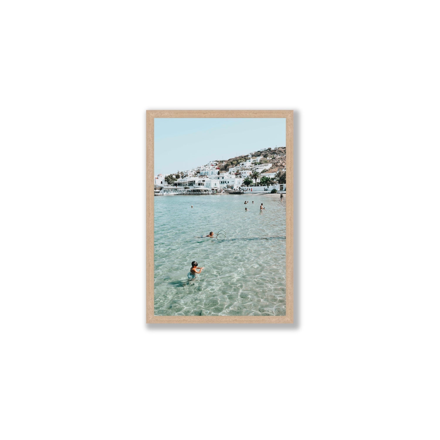 Beside The Seaside Mykonos beach Greek island wall art Medium full-bleed fine art print in natural oak frame