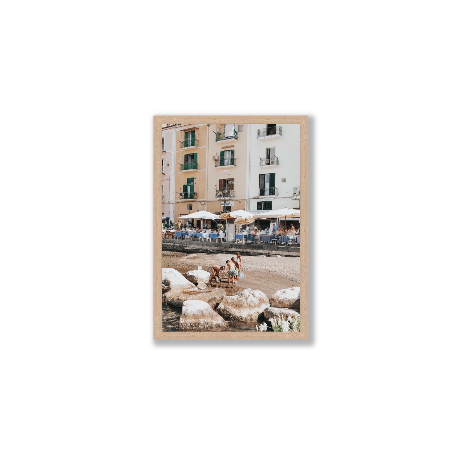 Sunny Playtime Sorrento coastal wall art Medium full-bleed fine art print in natural oak frame