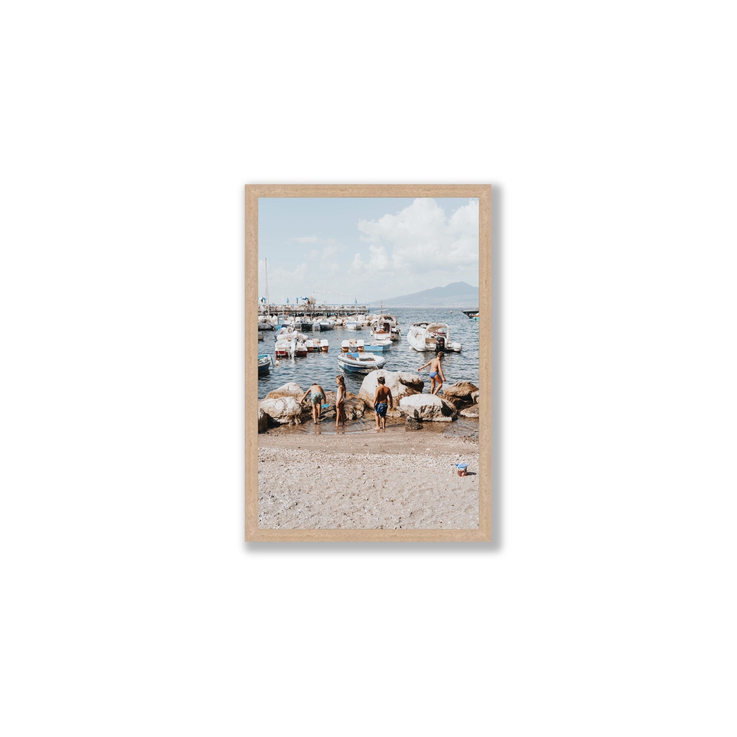 Searching For Treasures Sorrento coastal wall art Medium full-bleed fine art print in natural oak frame