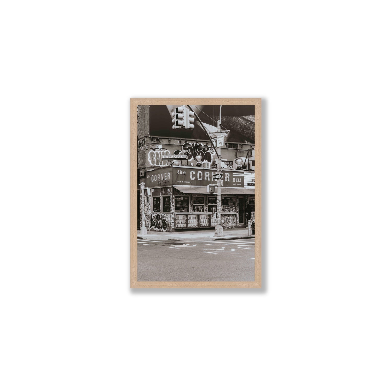 Soho Deli New York NYC Black & White wall art Medium full-bleed fine art print in natural oak frame