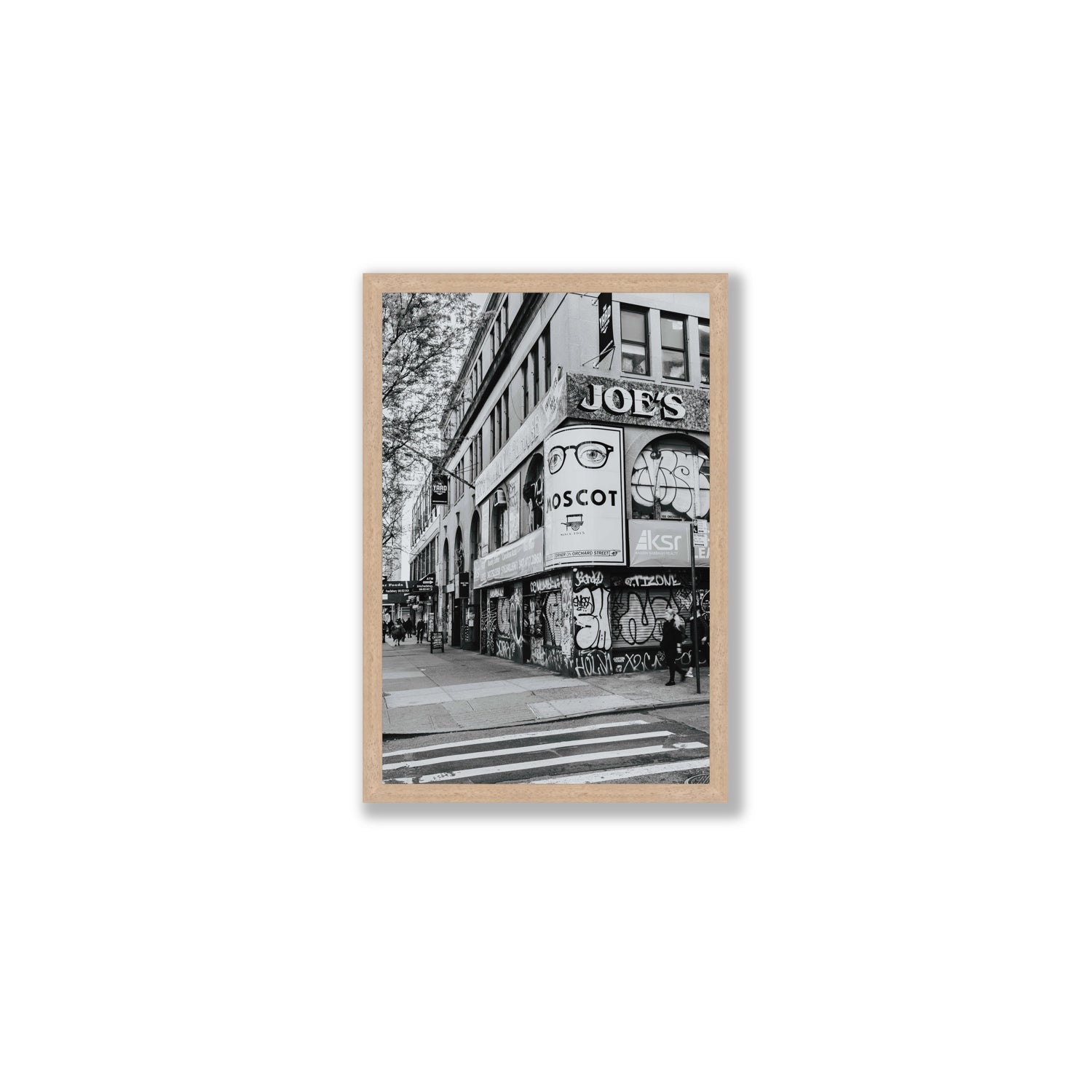 Lower East Side Murals New York NYC Black & White wall art Medium full-bleed fine art print in natural oak frame
