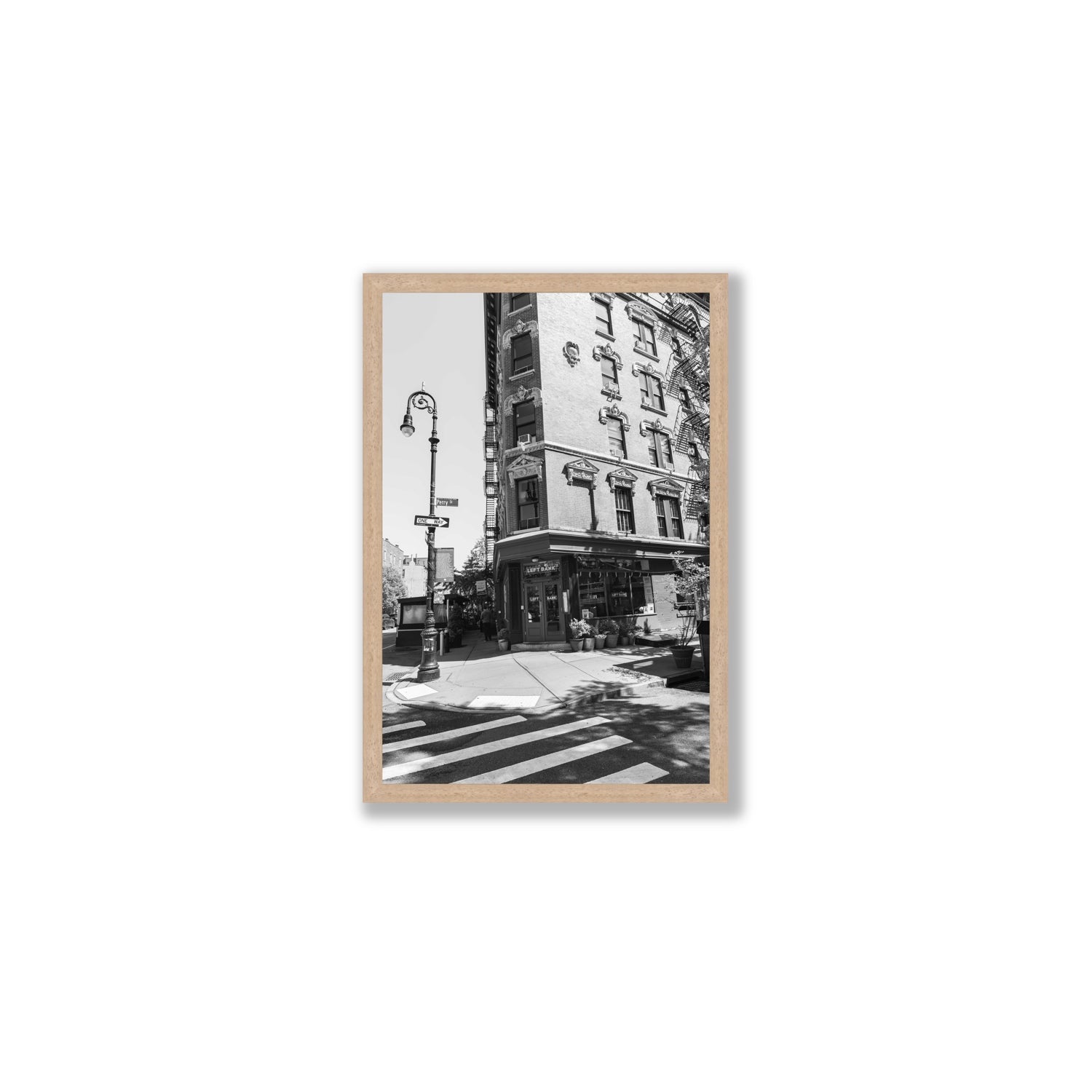 Parisian On Perry New York NYC Black & White wall art Medium full-bleed fine art print in natural oak frame