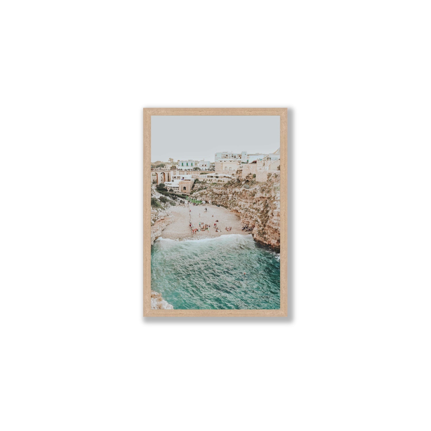 Polignano Vista Puglia coastal Italian beach fine art print Medium full-bleed fine art print in natural oak frame