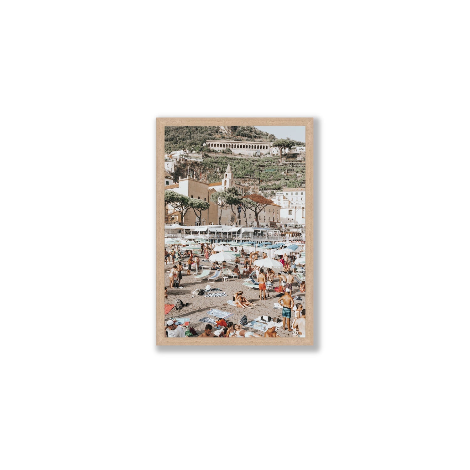 Festa In Spiaggia Amalfi coastal wall art Medium full-bleed fine art print in natural oak frame