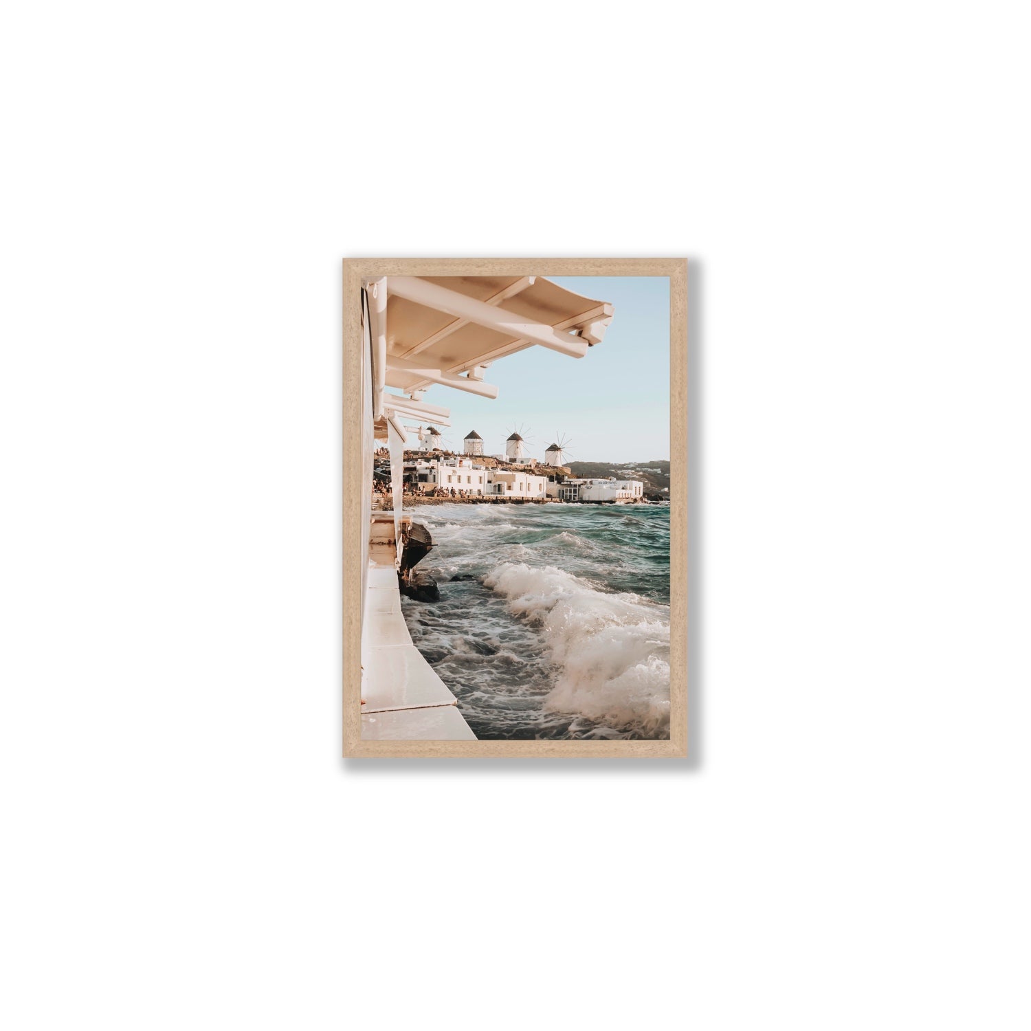 Windmills Mykonos Greek island wall art Medium full-bleed fine art print in natural oak frame