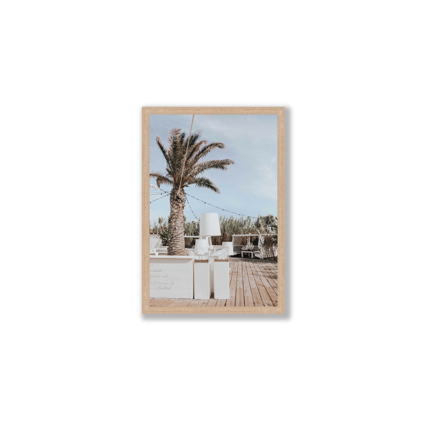 Seabreeze Palm Puglia coastal beach wall art Medium full-bleed fine art print in natural oak frame