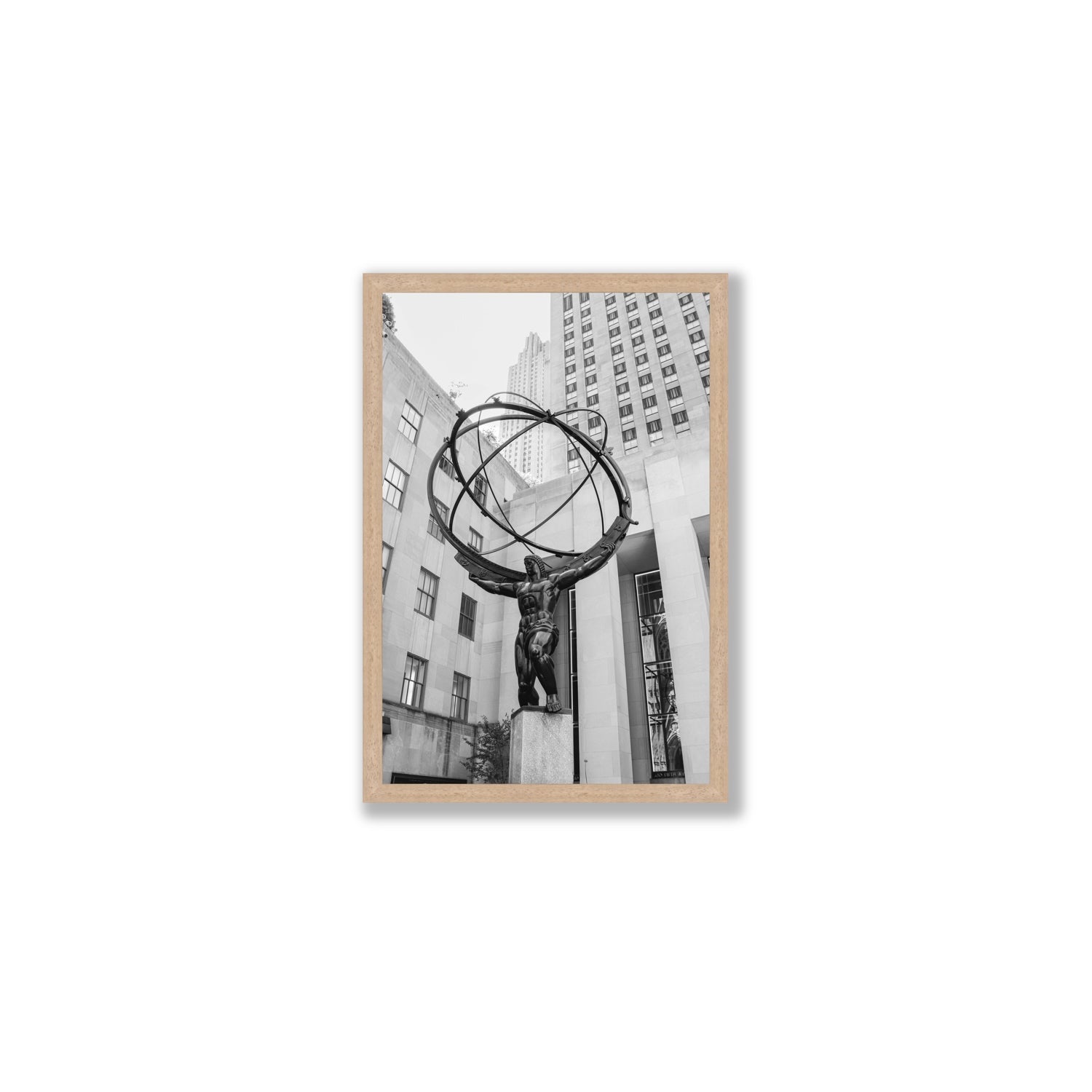 Atlas Ascends New York NYC Black & White wall art Medium full-bleed fine art print in natural oak frame