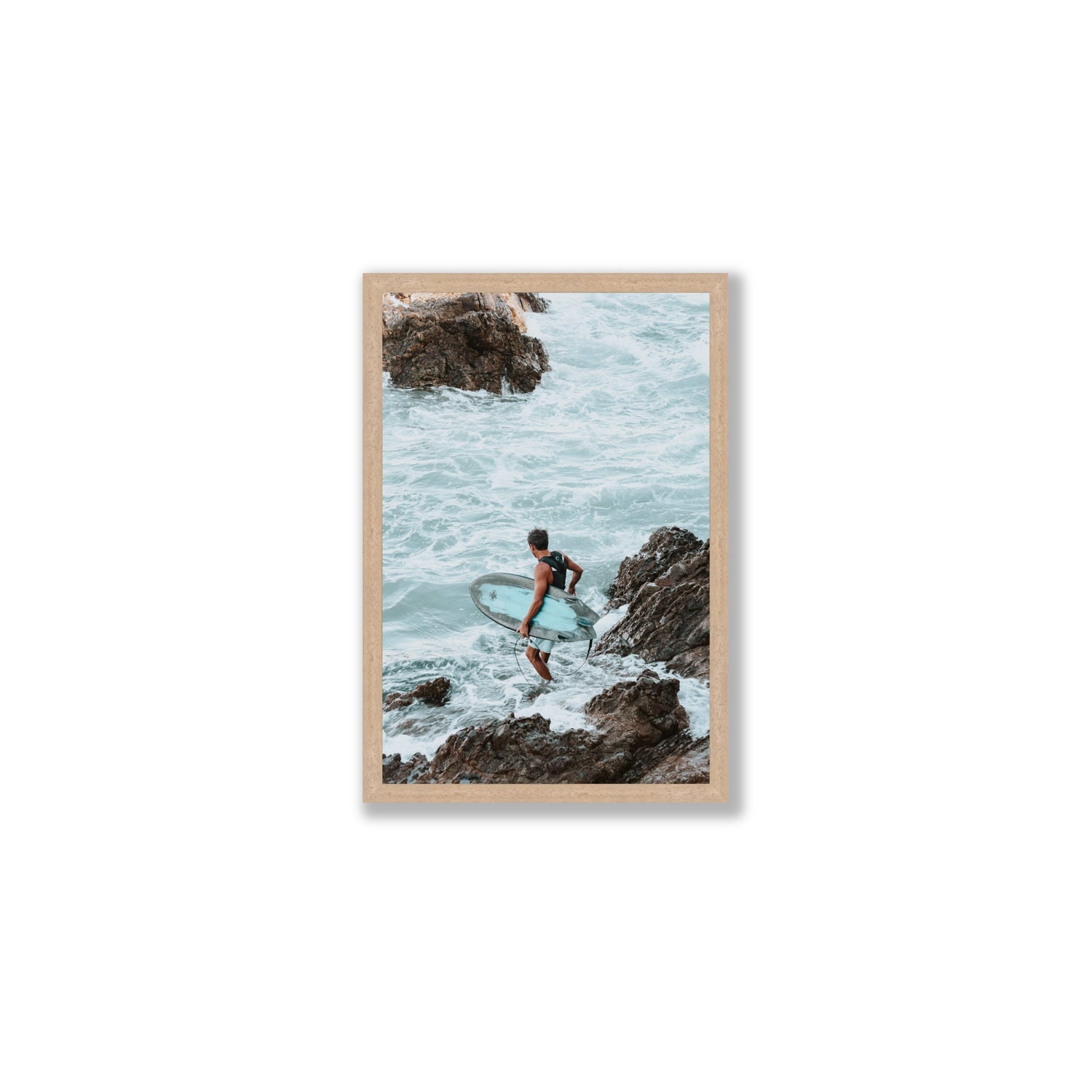 Into The Soup Byron Bay Surf coastal wall art Medium full-bleed fine art print in natural oak frame