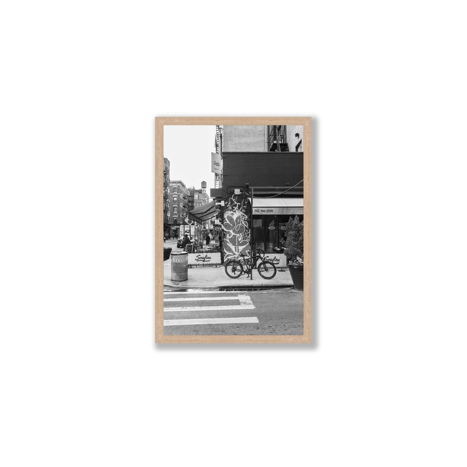 Cafe Canvas New York NYC Black & White wall art Medium fine art canvas in natural oak frame view 2