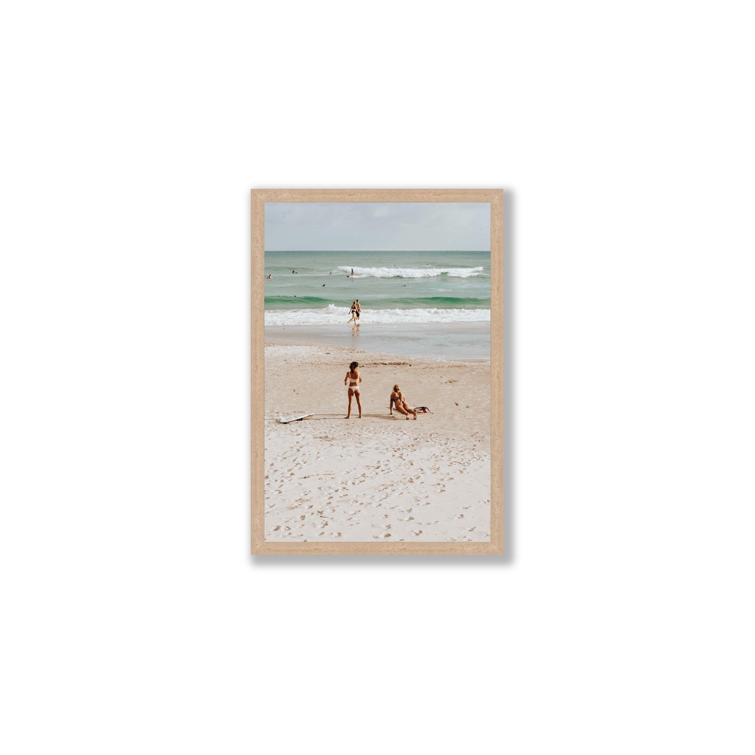 Gidget & Betty Byron Bay beach coastal wall art Medium full-bleed fine art print in natural oak frame