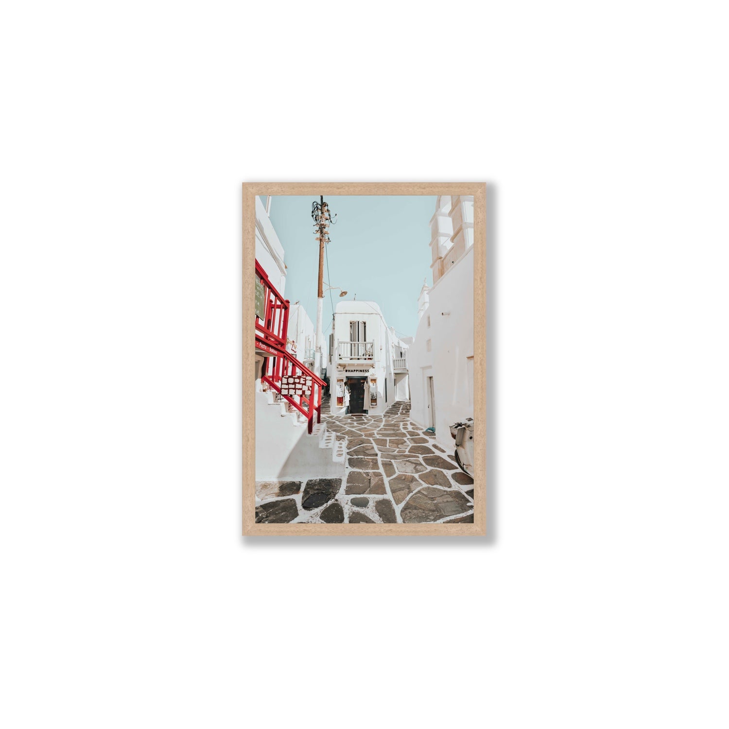 Happiness Mykonos Greek island wall art Medium full-bleed fine art print in natural oak frame